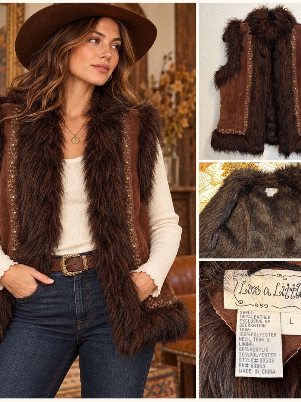 Suede Faux Fur Embellished Boho Western Vest Y2K Live A Little Sz L #356CL